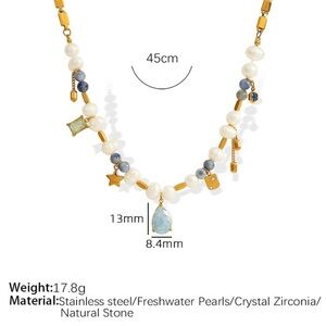 Gold and White Pearl Necklace with Blue Accents